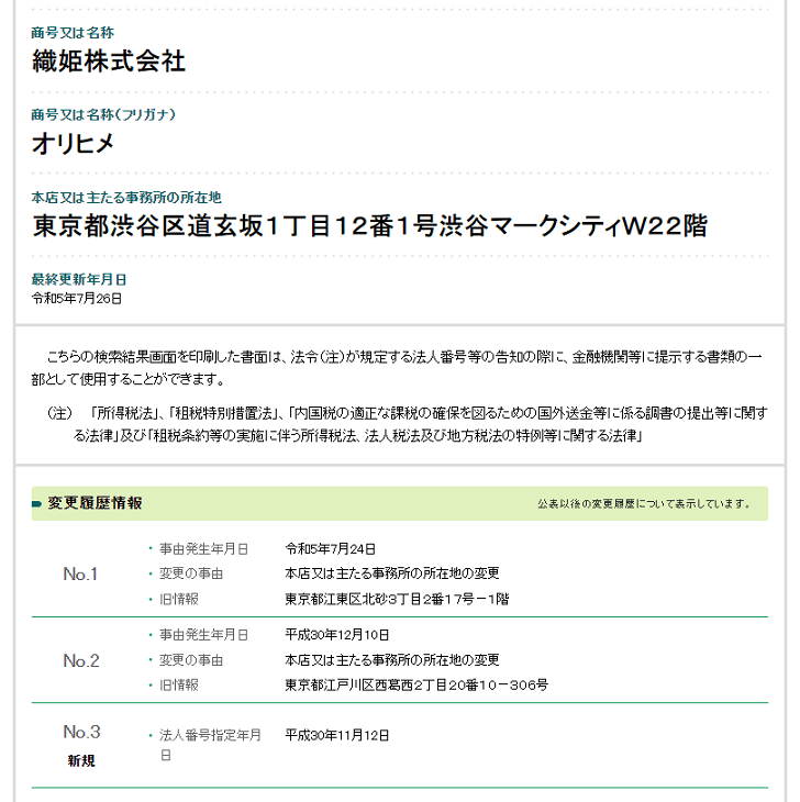 織姫株式会社の怪しい所在変更